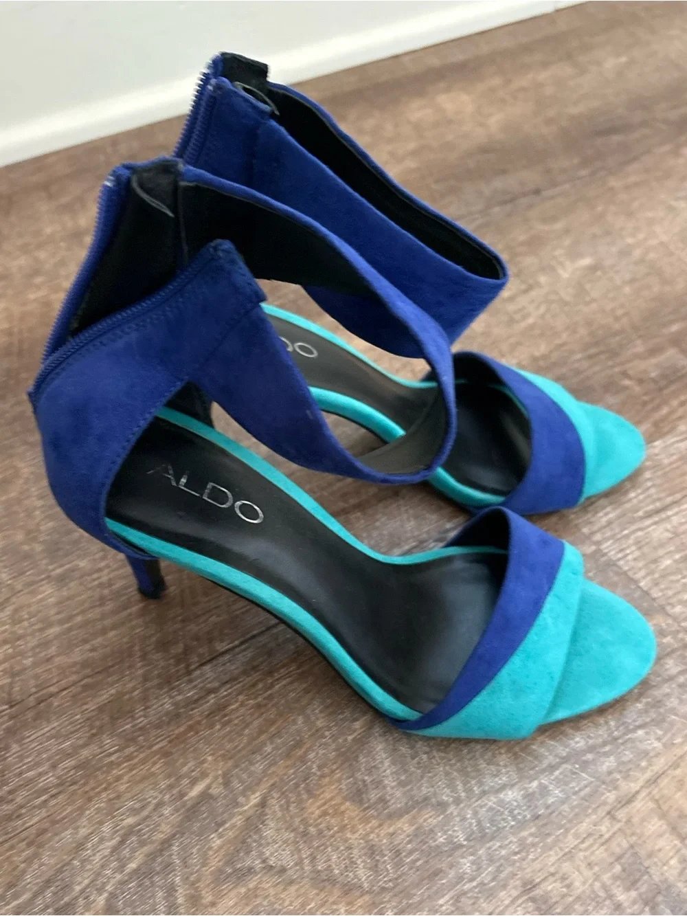ALDO Two-Tone Blue and Teal Suede Ankle Strap Heels